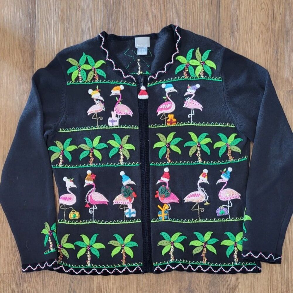Berek Christmas Flamingo Cardigan Sweater L Beaded Sequin Tropical Palm Tree